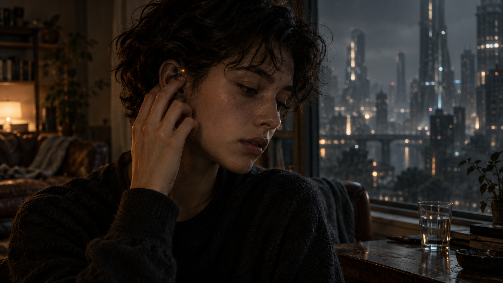 Un jeune adulte désactive une interface près de son oreille, devant une ville nocturne.