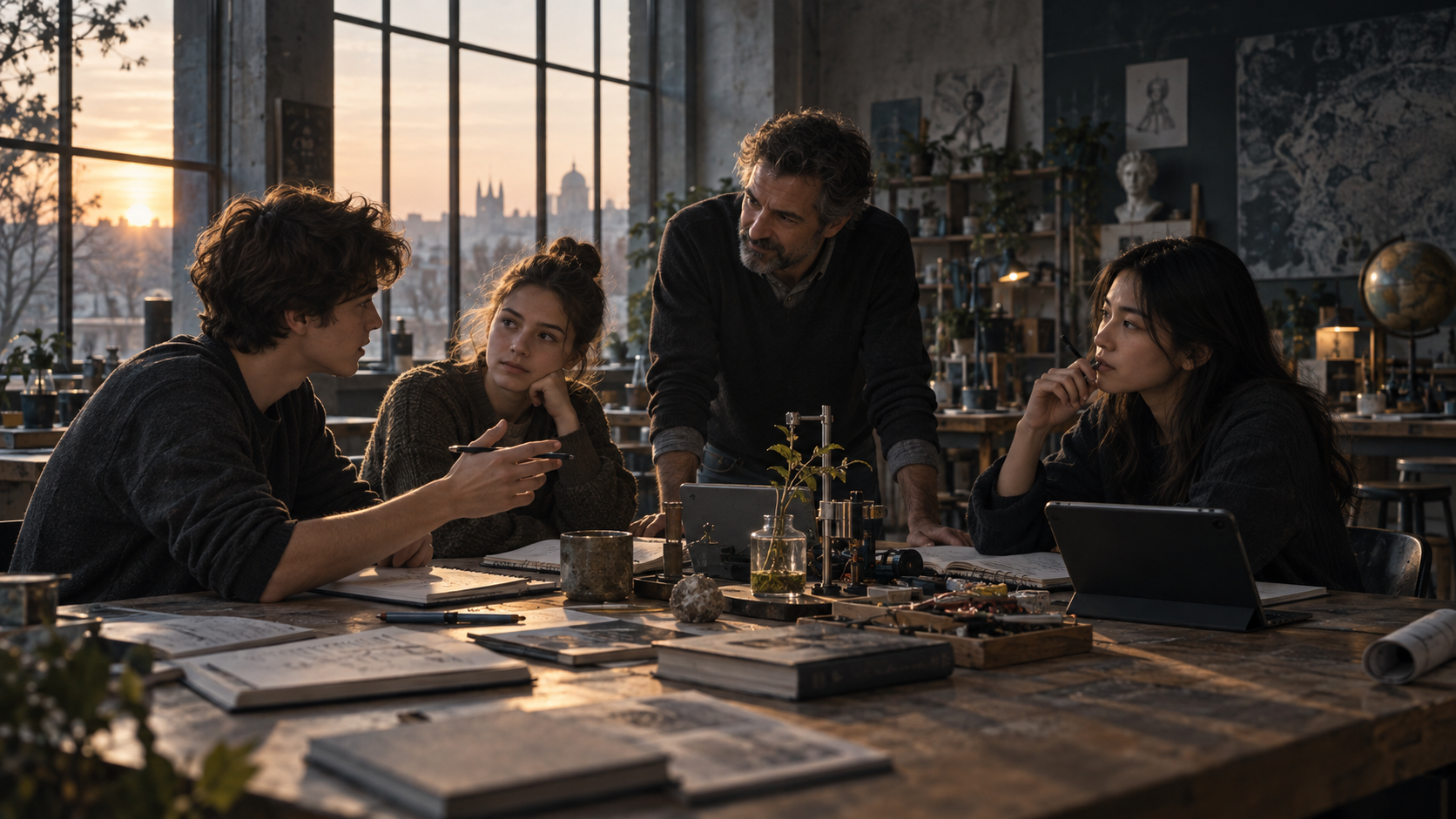 Illustration imaginée d’un professeur et de trois jeunes réunis autour d’une table, entre carnets, expérience scientifique et outils numériques.
