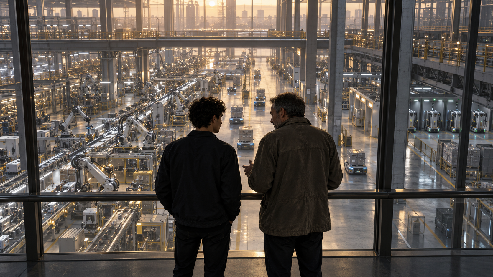 Scène fictive de Noa et de son père sur une passerelle, observant une vaste usine où des bras robotisés produisent sans ouvriers visibles.
