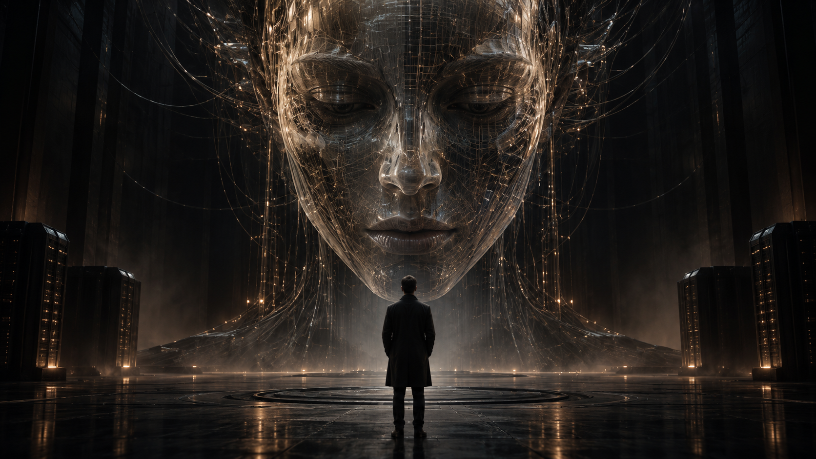 Un humain face à une intelligence artificielle monumentale composée de verre et de fils lumineux.