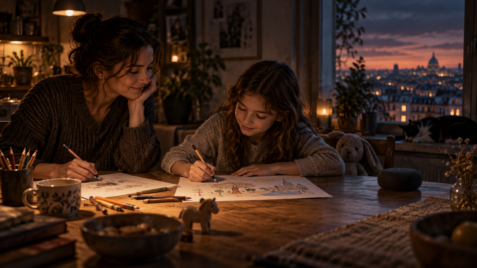 Illustration fictive d’un parent et d’un enfant dessinant ensemble à une table au crépuscule, avec un assistant numérique éteint à côté.