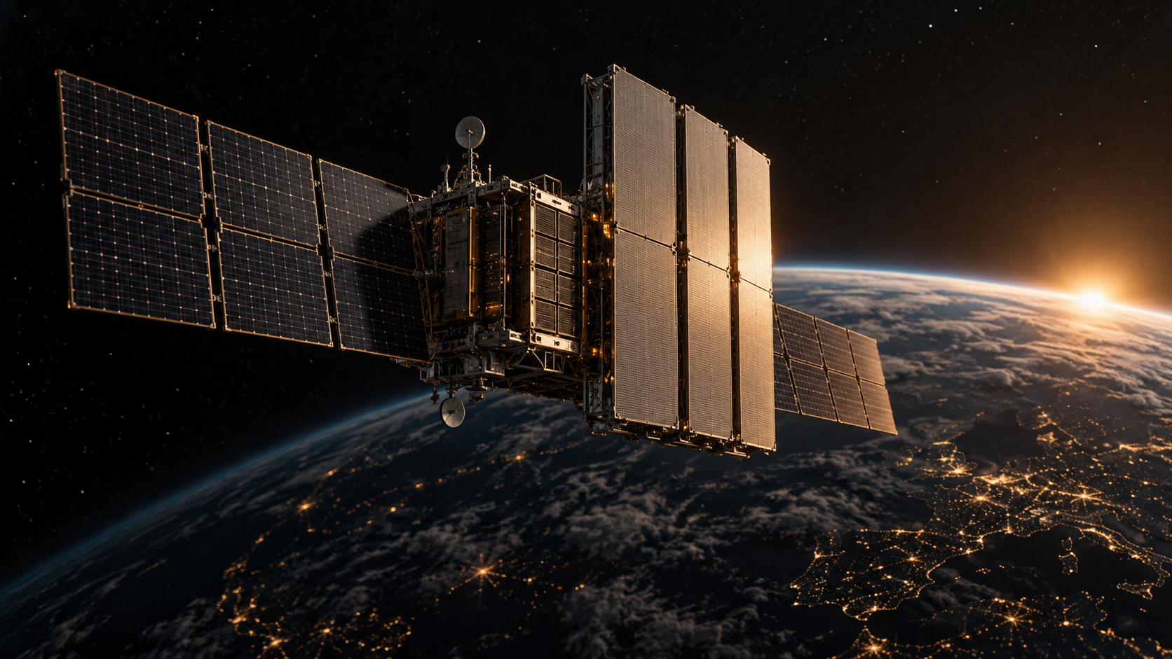 Illustration fictive d’un satellite de calcul doté de panneaux solaires et de radiateurs thermiques au-dessus de la Terre, éclairé de lumières ambrées.