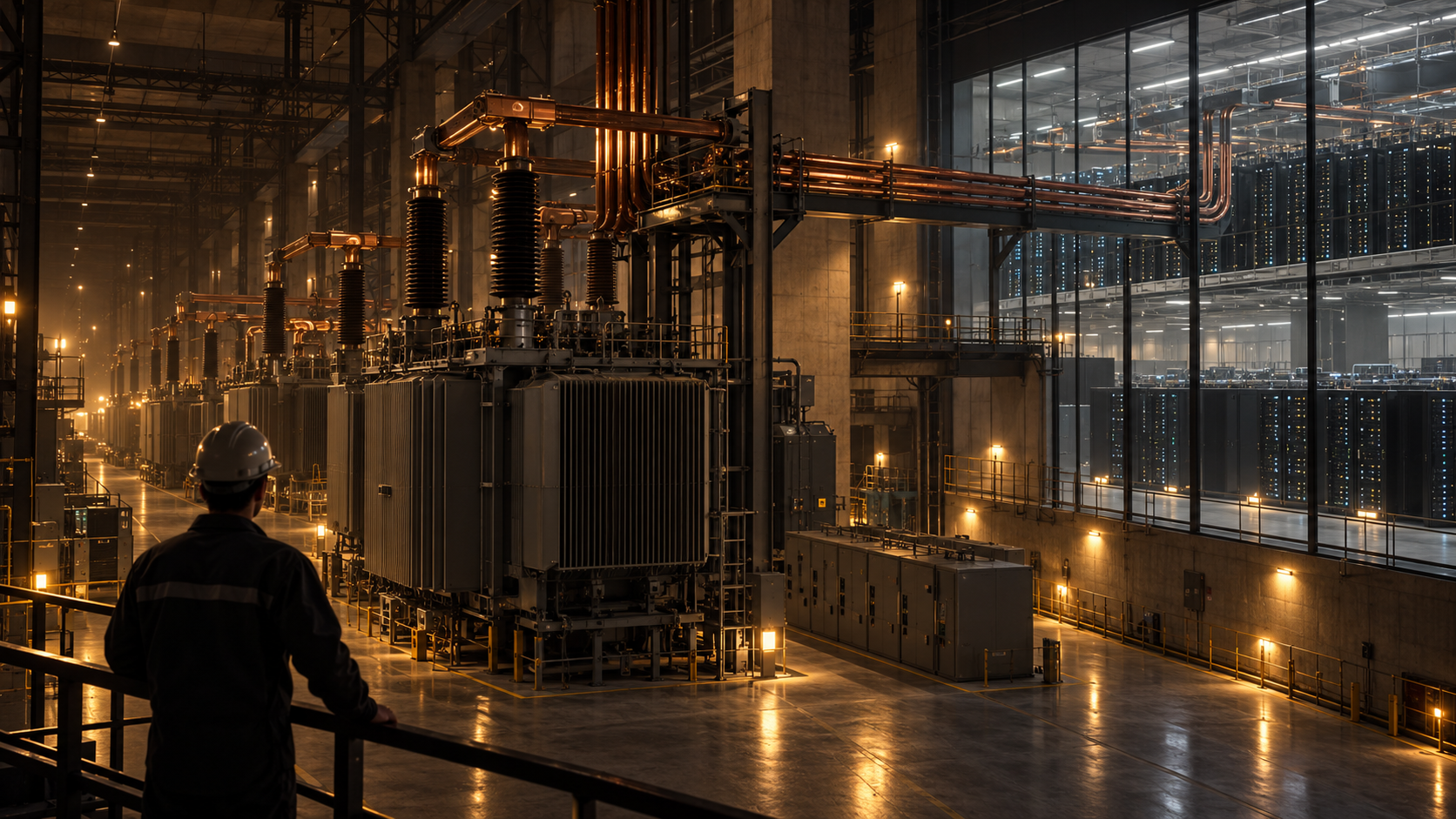 Illustration fictive d’une technicienne face à des transformateurs et des câbles dans une grande salle électrique, reliée à un centre de données éclairé de lumières ambrées.