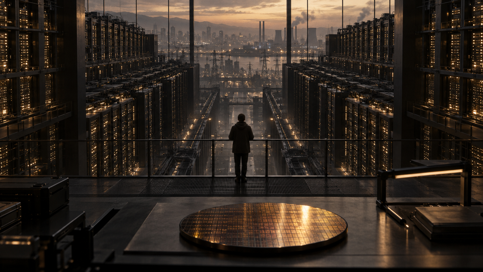 Illustration fictive d’une personne sur une passerelle entre deux immenses infrastructures de calcul, devant une ville industrielle et une plaquette de silicium ambrée.