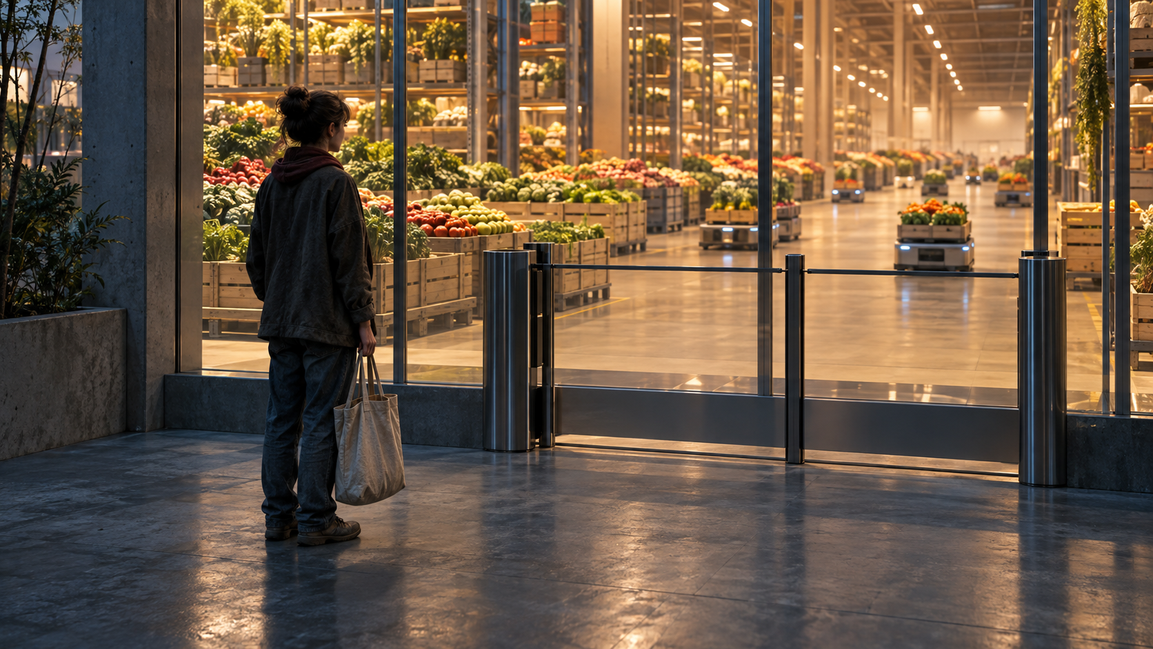 Illustration fictive d’une personne devant un accès fermé, au-delà duquel des robots transportent une abondance de produits alimentaires.