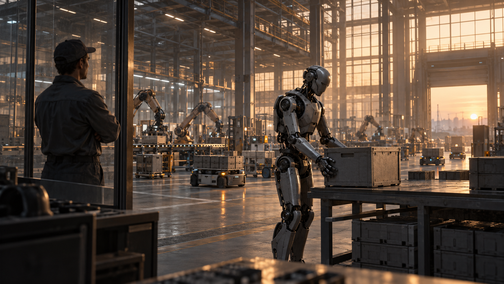Illustration fictive d’un robot humanoïde manipulant une caisse dans une usine automatisée à l’aube, observé par un travailleur derrière une vitre.