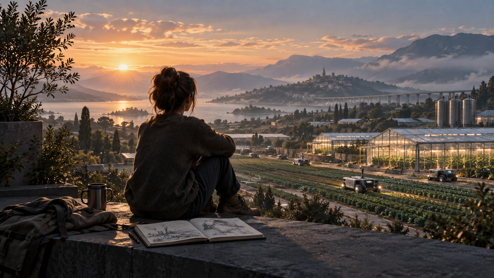 Illustration fictive d’une personne avec un carnet de dessin devant un paysage agricole automatisé à l’aube.